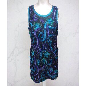 Laurence Kazar Silk Sequin Beaded Mini Dress Size L Vtg Party Clubwear Swiftie